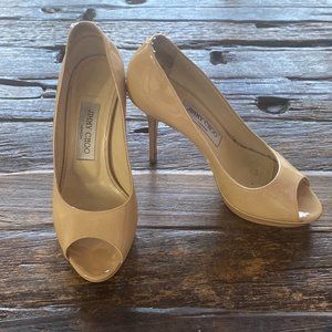 Jimmy Choo Nude Patent Leather Peep Toe Stiletto Pumps